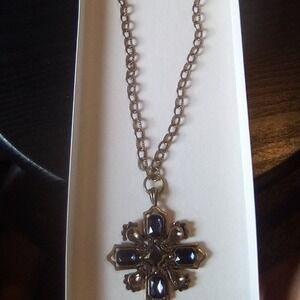 Vintage Cross Pendant Necklace Antiqued Gold‎ Tone Blue Rhinestone, Chain